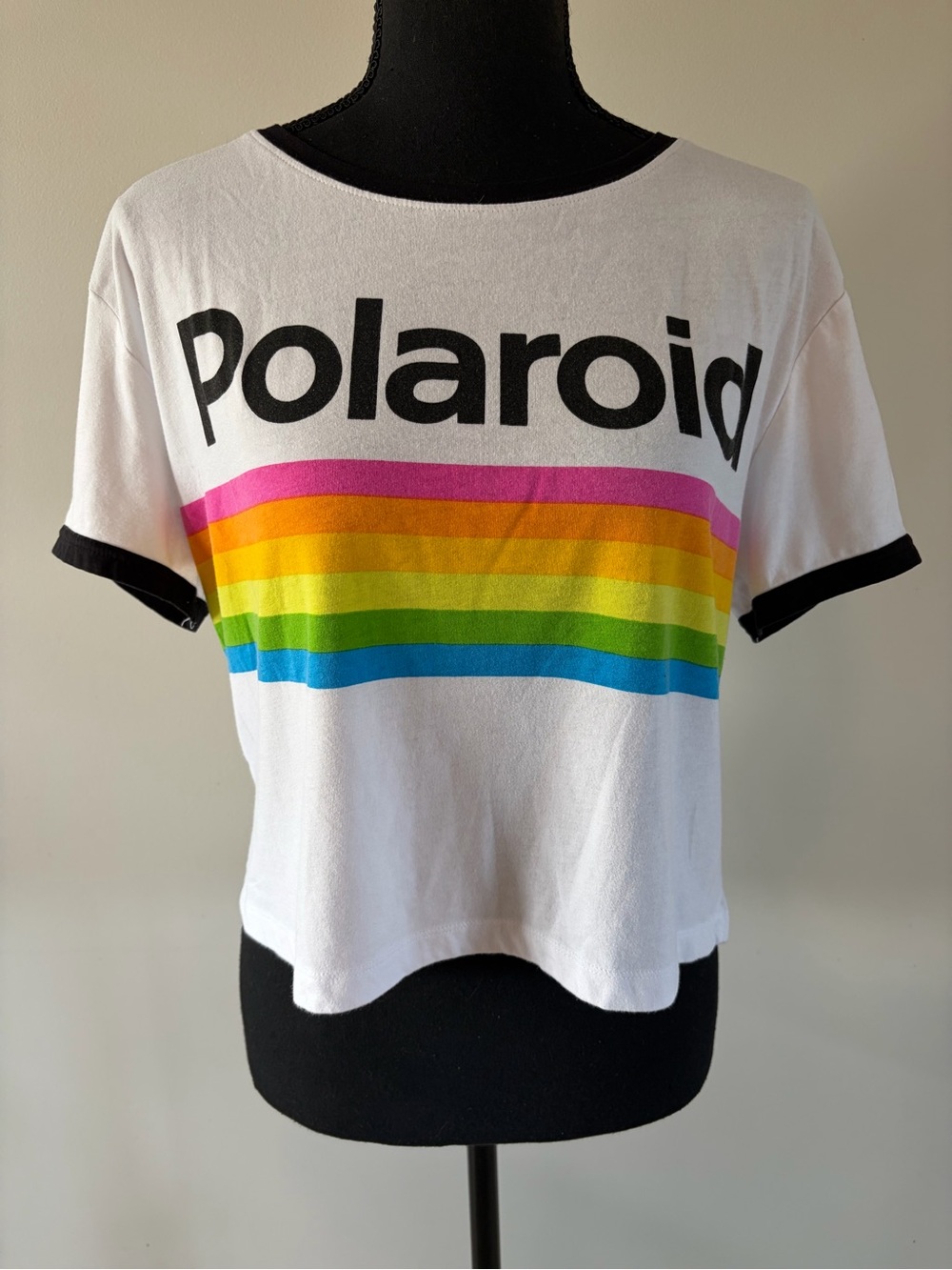 Women’s Polaroid White Crop Tee with Rainbow Stripes size L